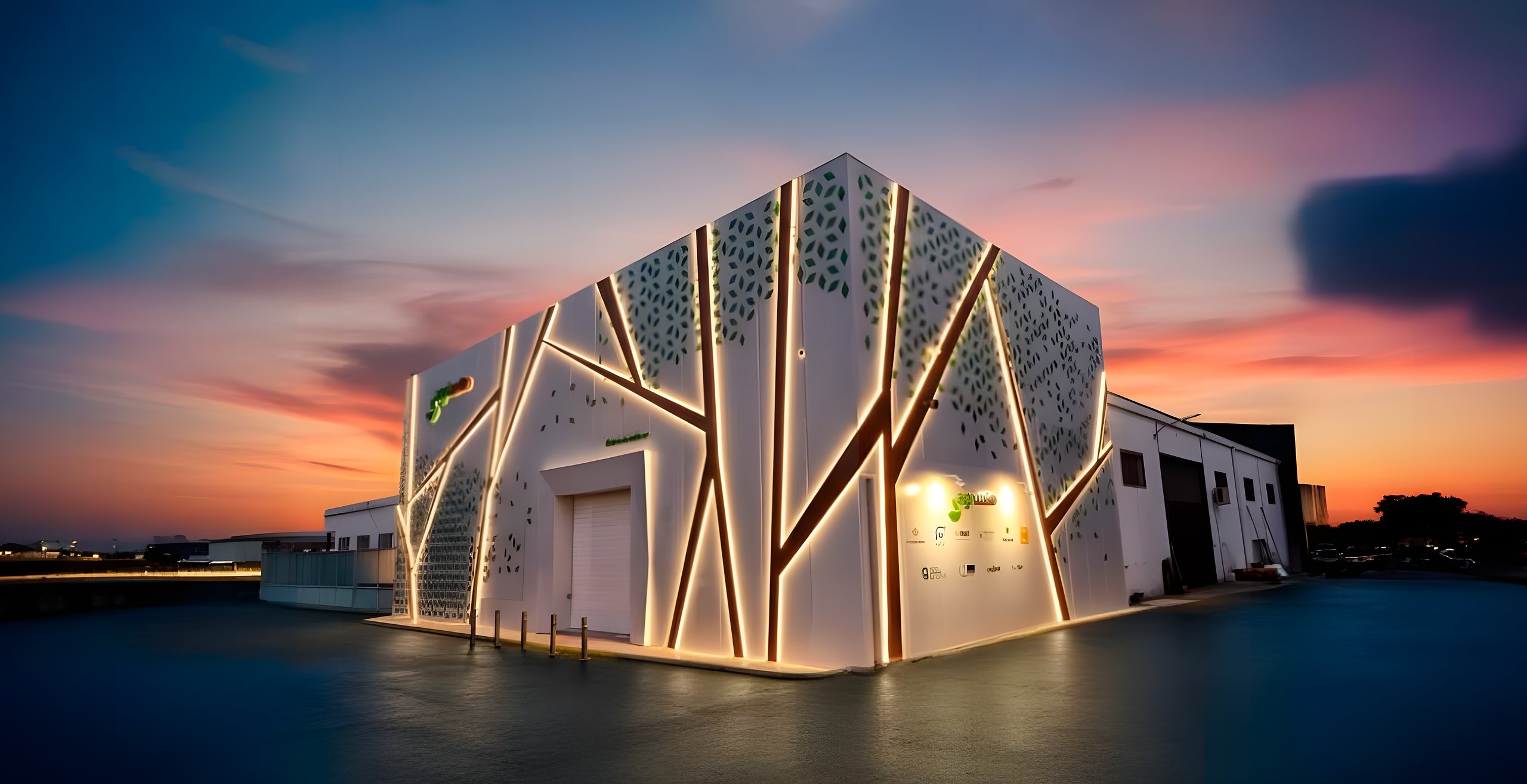 Edificio de Agriauto iluminado al atardecer